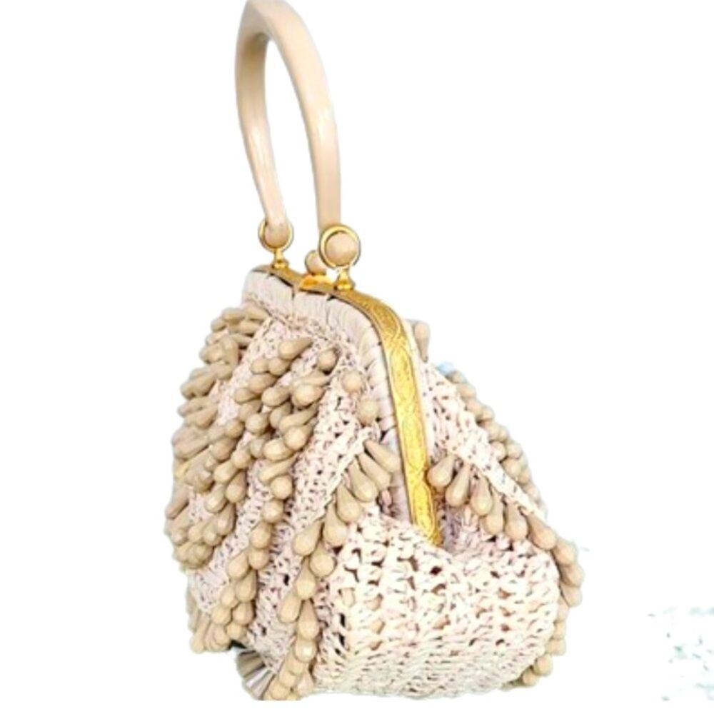 ♥️ Vintage 1960s Tan Straw Beaded Box Shaped Handbag Purse With Top Handle Italy - Picture 5 of 9